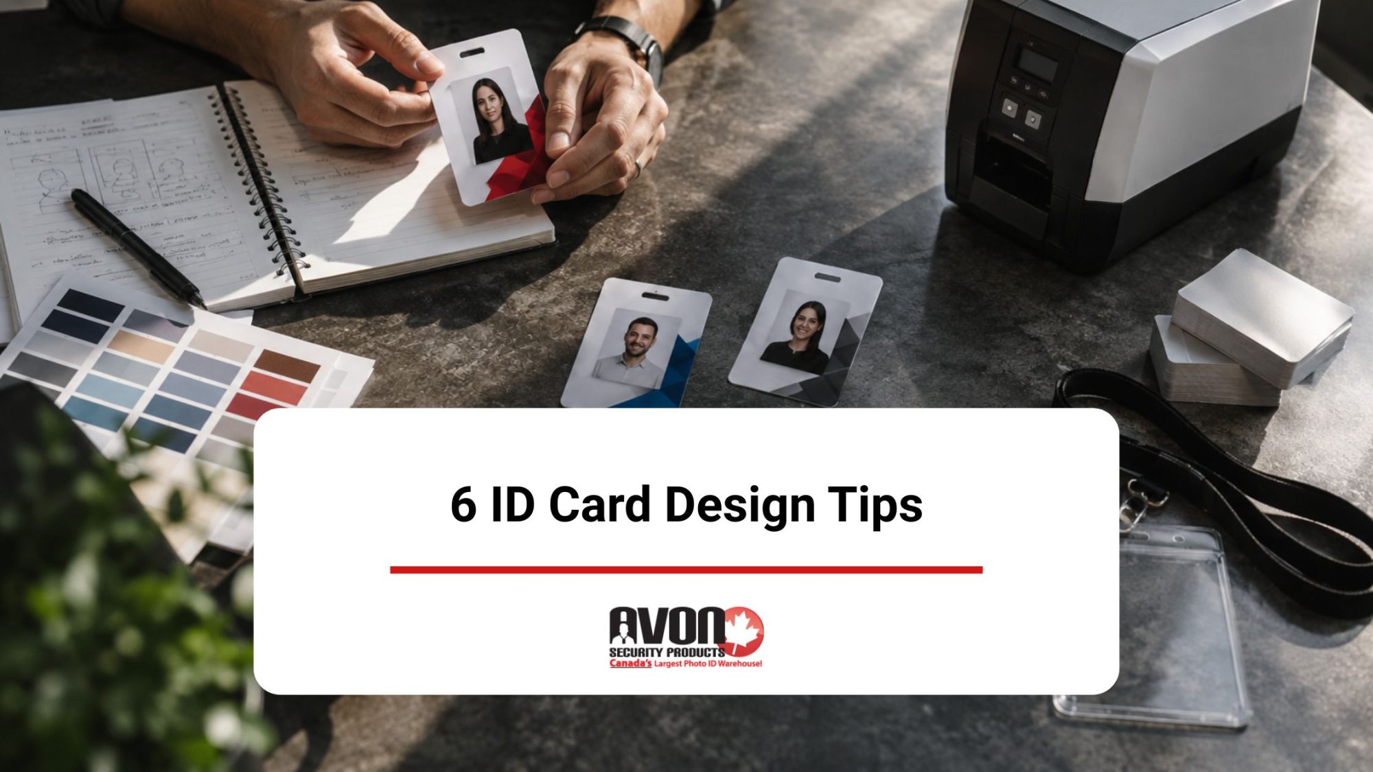 6-id-card-design-tips-avon-security Employee ID cards, card printer and design materials illustrating six ID card design tips from Avon Security Products.