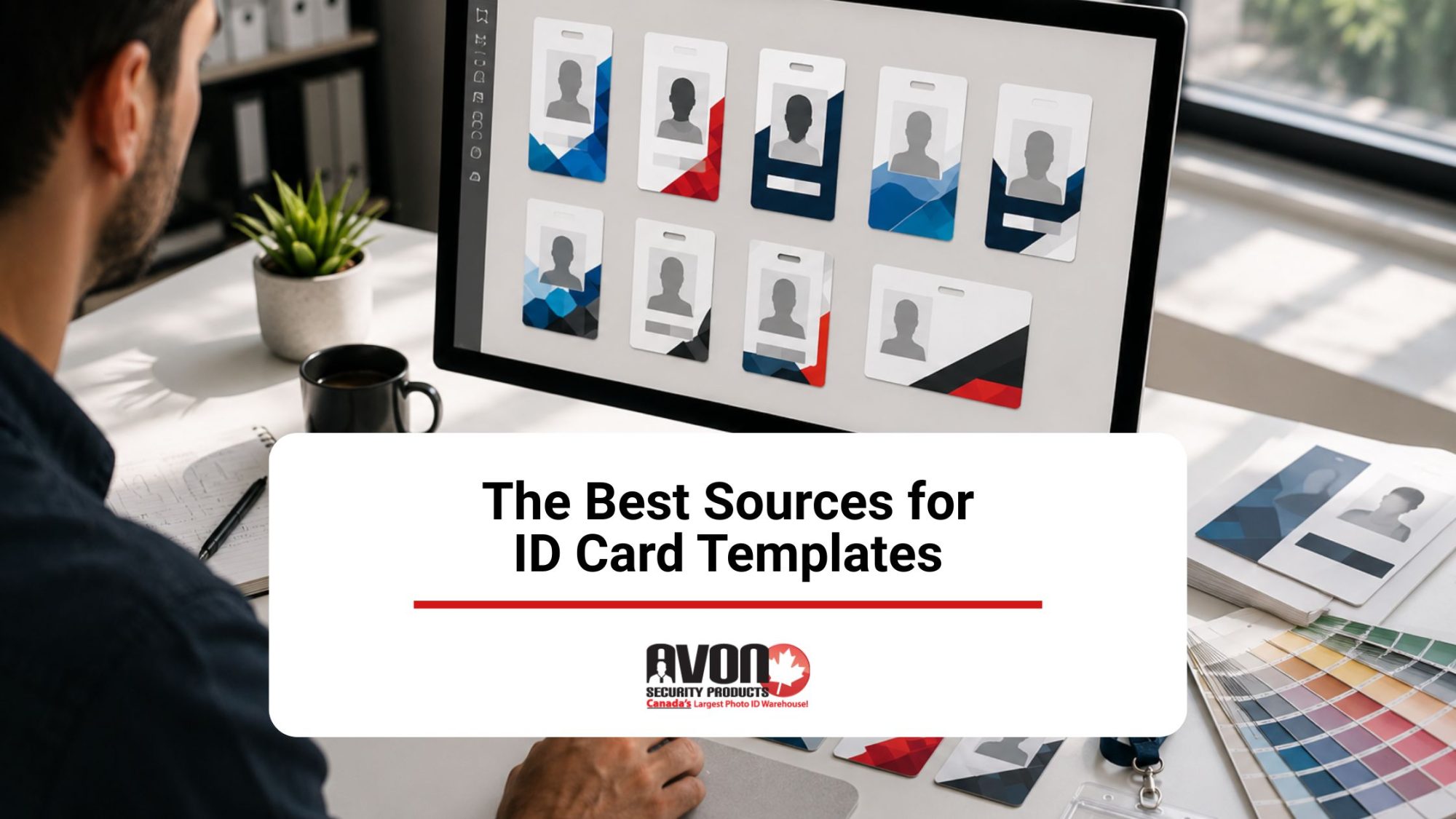 best-sources-id-card-templates-avon-security Designer reviewing multiple professional employee ID card templates on a computer for creating workplace credentials.