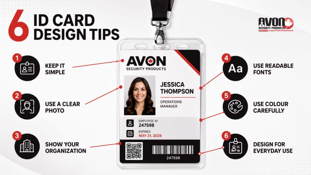 Infographic showing six employee ID card design tips, including clear photos, readable fonts, organization branding and practical everyday use