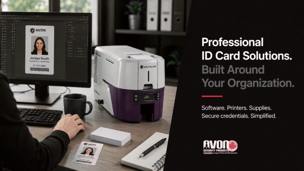 Professional ID card workstation with an Entrust card printer, credential design software and printed employee ID cards