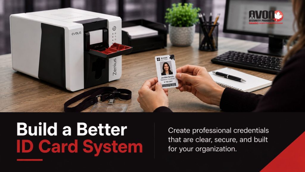 Professional ID card printing system with an Evolis Zenius printer and employee credential, highlighting secure workplace ID card creation