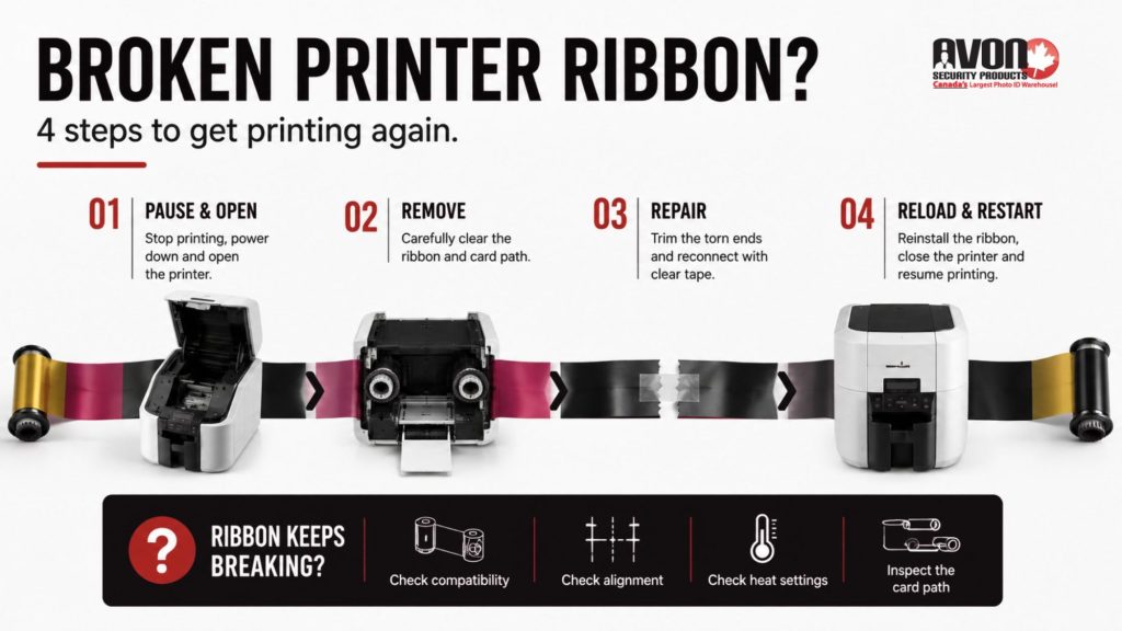 Infographic showing four steps to repair a broken ID card printer ribbon: pause and open, remove, repair, then reload and restart.