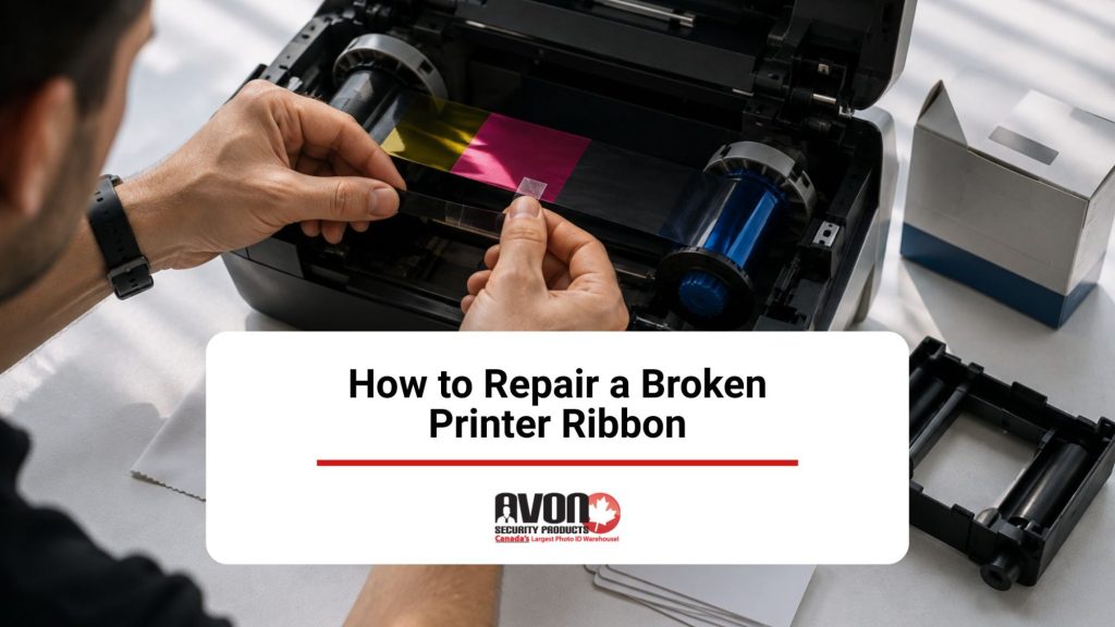 Person repairing a broken ID card printer ribbon with clear tape inside an open card printer.