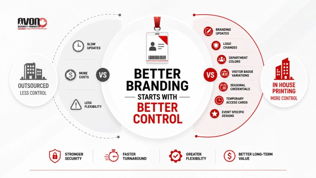 Infographic comparing outsourced badge printing with in-house ID card printing, highlighting stronger branding control, faster updates, improved flexibility, and long-term value for Canadian organizations
