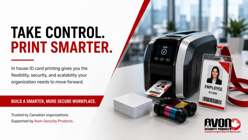 Professional ID card printer producing employee credentials with badge supplies and access cards, illustrating the benefits of in-house ID card printing for security, flexibility, onboarding efficiency, and scalability