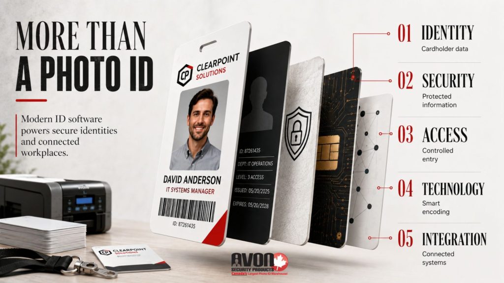 Infographic showing how modern photo ID software combines cardholder identity, protected information, controlled access, smart encoding and connected systems