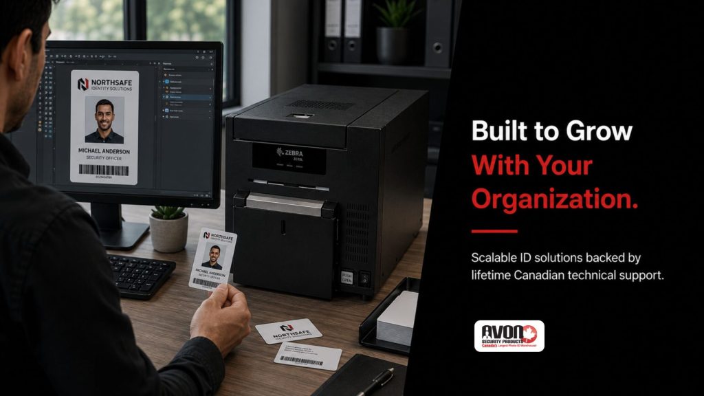 Employee creating a photo ID badge using ID card software, a camera and professional card printer