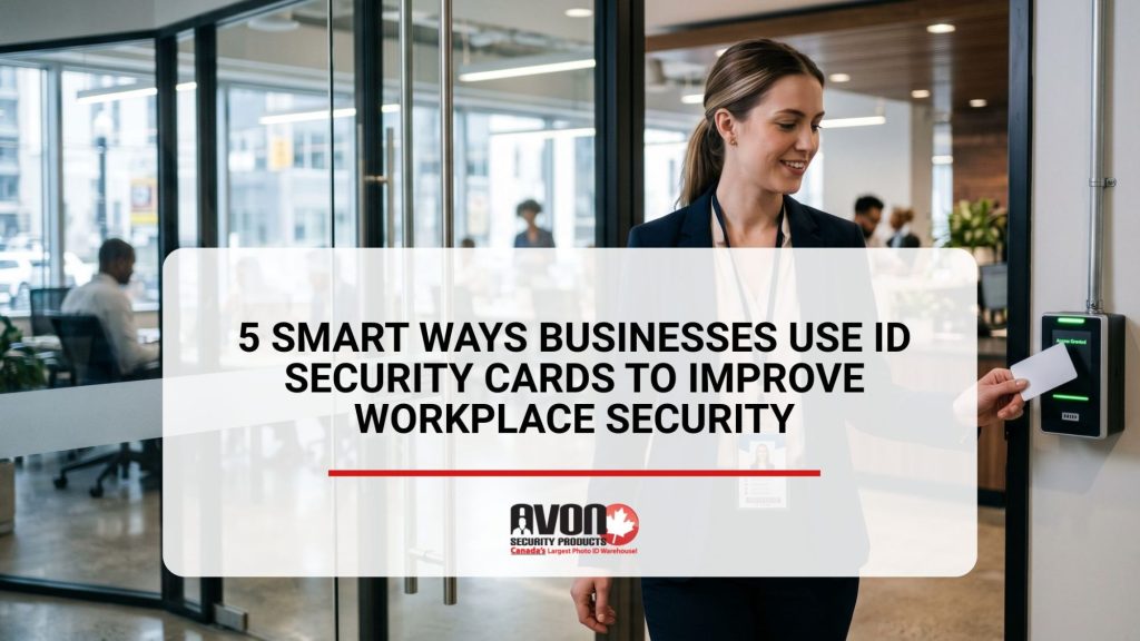 Business professional using an ID security card to access a secure office entrance, demonstrating how companies use ID security cards to improve workplace security and access control.