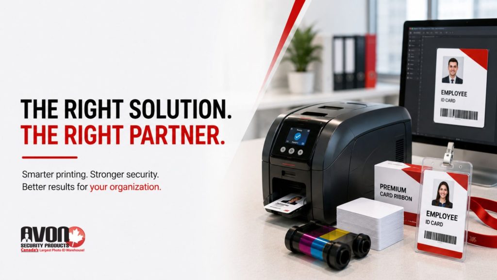 ID card printing equipment, blank cards, ribbons, and employee badges illustrating different types of ID card printing technologies used for secure credential production and badge management.