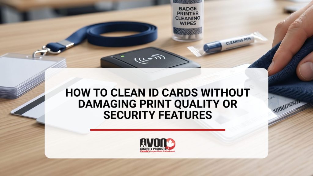 Cleaning plastic ID cards and badge printer equipment using safe cleaning tools and microfiber cloths to maintain print quality and protect card security features