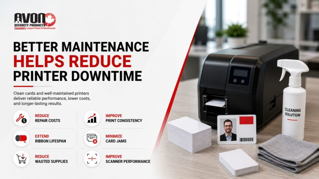 Modern ID card printer with cleaning supplies and plastic ID cards demonstrating how regular printer maintenance helps reduce downtime, improve print consistency, and extend equipment lifespan