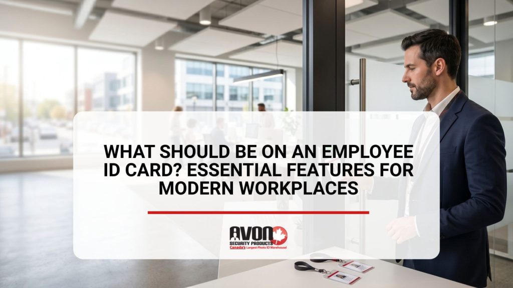 Business professional using an employee ID badge in a modern office environment, highlighting essential features every workplace employee ID card should include