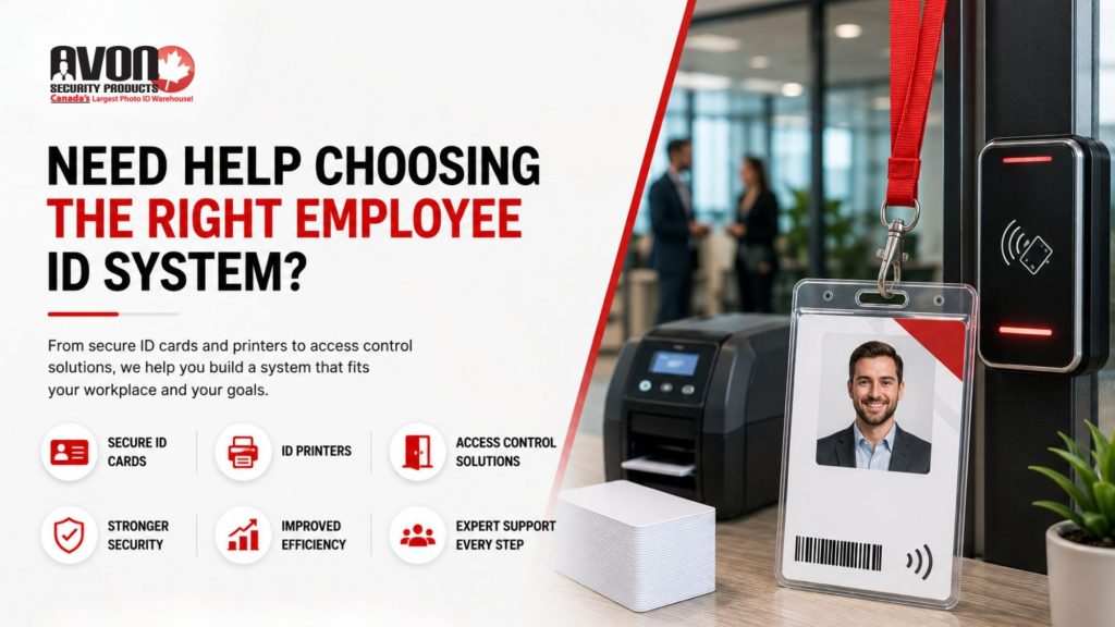 Modern employee ID system setup featuring secure ID cards, ID printer equipment, and access control technology designed to improve workplace security and operational efficiency