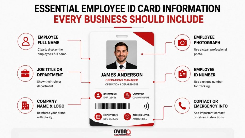 Infographic showing essential employee ID card information including employee name, photo, job title, company logo, ID number, access level, and emergency contact details