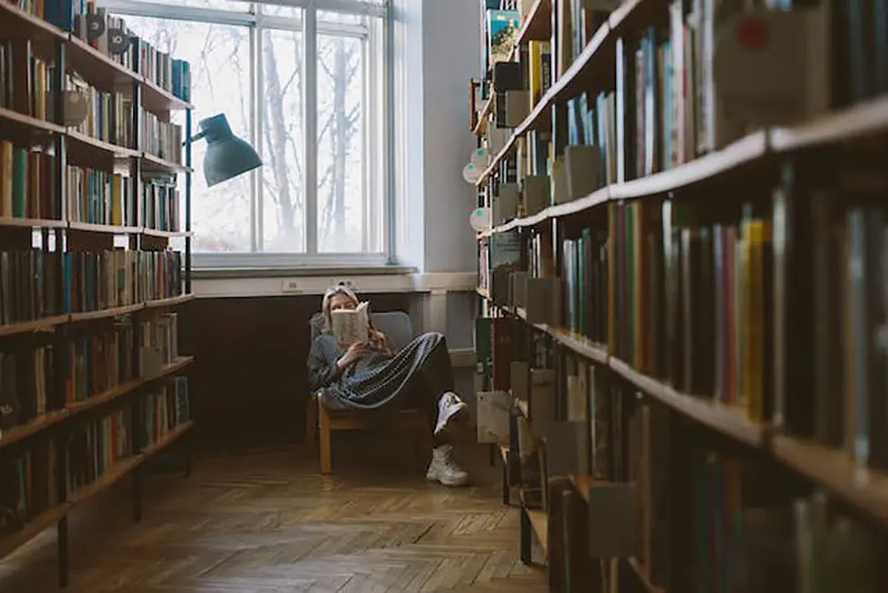 a woman sitting reading quietly in a library