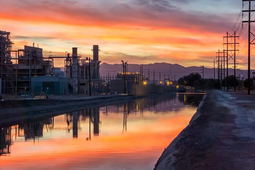 Exterior shot of a power plant on the water