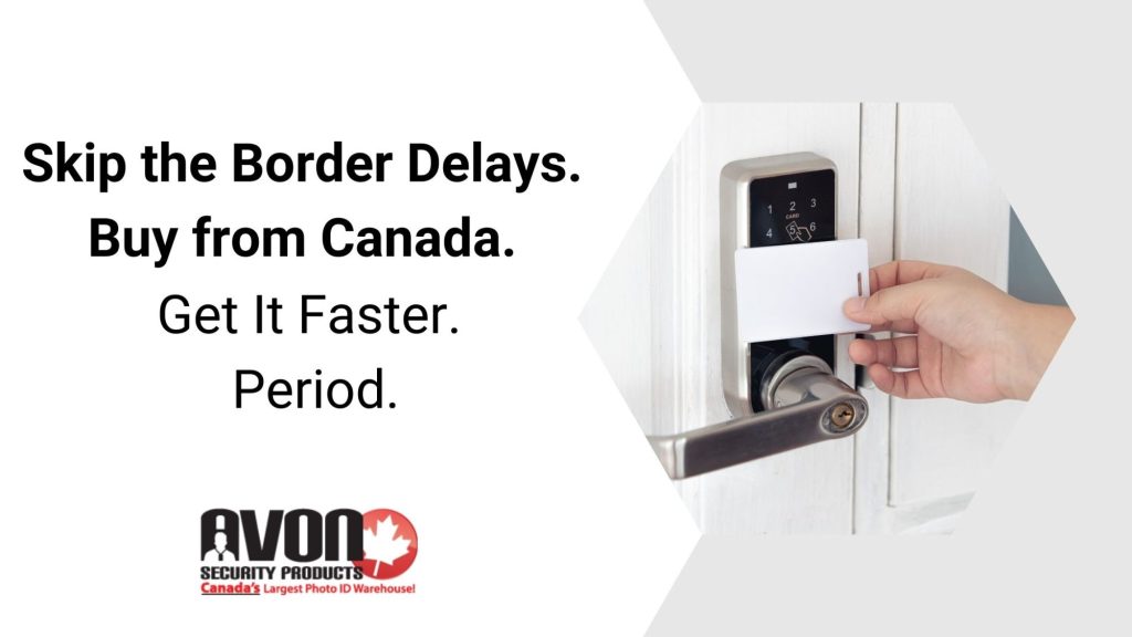 Hand holding a white RFID card to unlock a digital door lock, promoting faster shipping by buying Canadian-made photo ID card products from Avon Security Products.