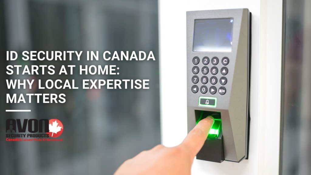 Person using fingerprint scanner on an access control system with text about ID security and local expertise from Avon Security Products.