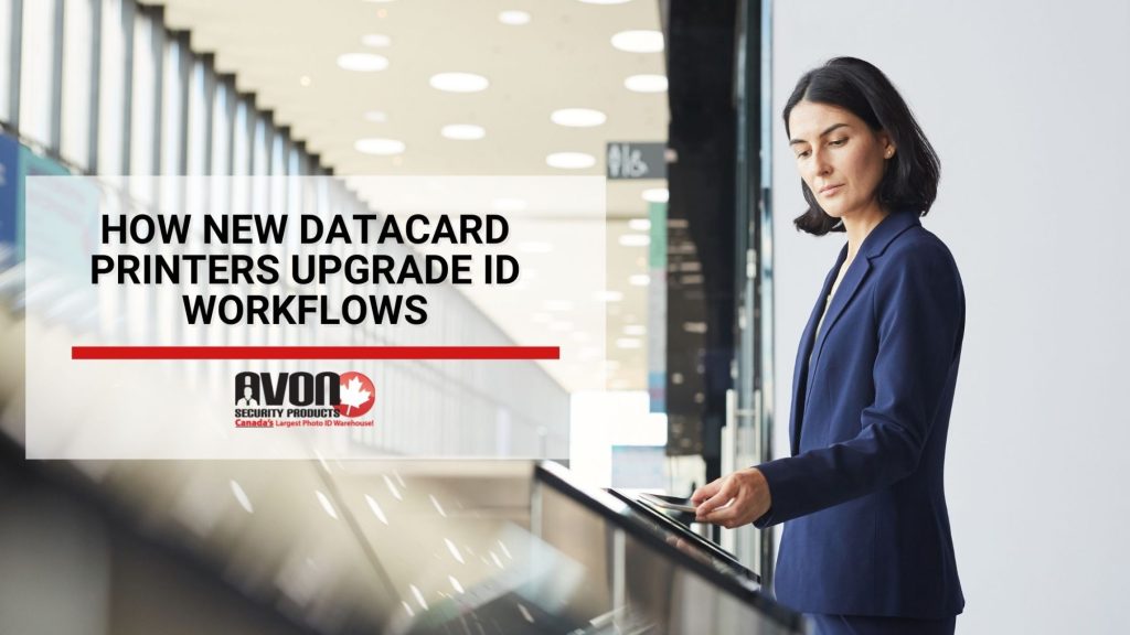 Professional woman using a Datacard ID printer system in a modern workplace, illustrating upgraded ID card printing workflows and secure credential management.