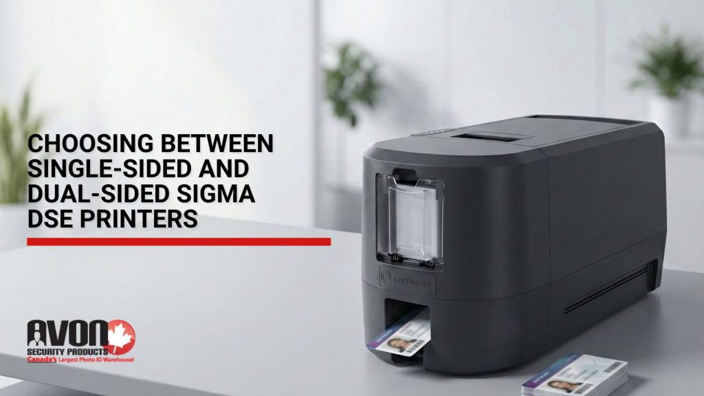 Sigma DSE card printer showing comparison between single-sided and dual-sided ID card printing for secure photo ID production.