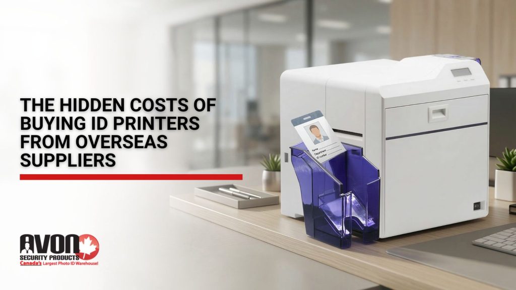 Professional ID card printer producing a photo ID card on an office desk, illustrating the risks and hidden costs of buying ID printers from overseas suppliers.