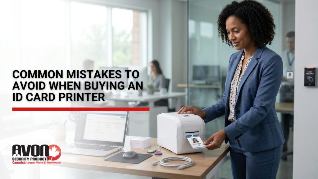 Professional office setting where a woman uses an ID card printer to print an employee badge, highlighting common mistakes to avoid when buying an ID card printer for business use in Canada
