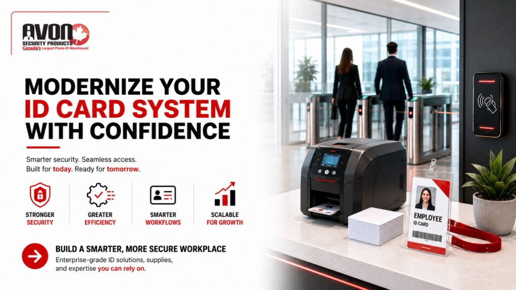 Modern employee ID card system featuring an ID card printer, access control reader, and employee badge in a secure office environment designed to improve workplace security and operational efficiency