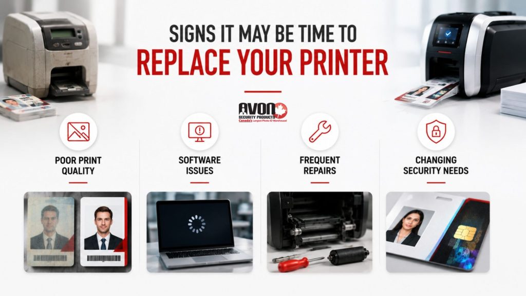 Infographic highlighting common signs that an ID card printer may need