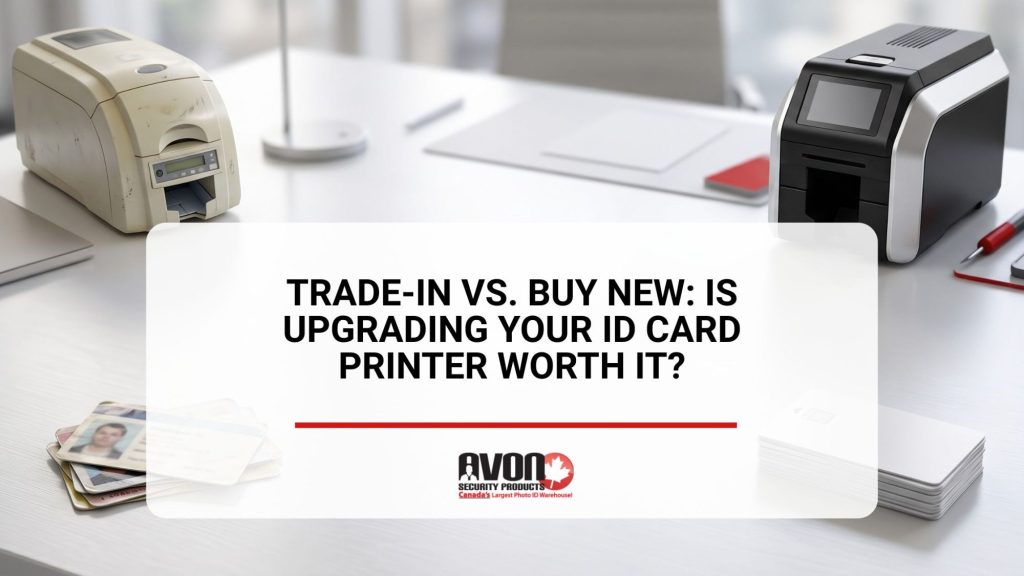 Comparison of an older ID card printer and a modern ID card printer, illustrating considerations when deciding whether to trade in existing equipment or upgrade to a new badge printing system