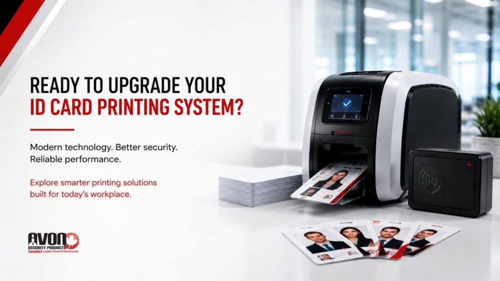 Modern ID card printing system producing employee badges with enhanced security and performance features, designed to support workplace credential management and access control programs.