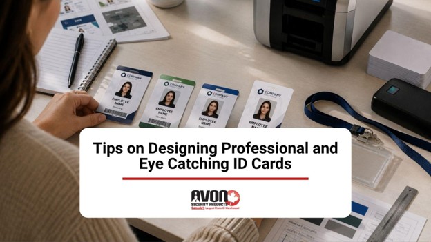How to Design Professional ID Cards Employee reviewing several professional ID card designs beside a card printer, lanyard and branding materials.