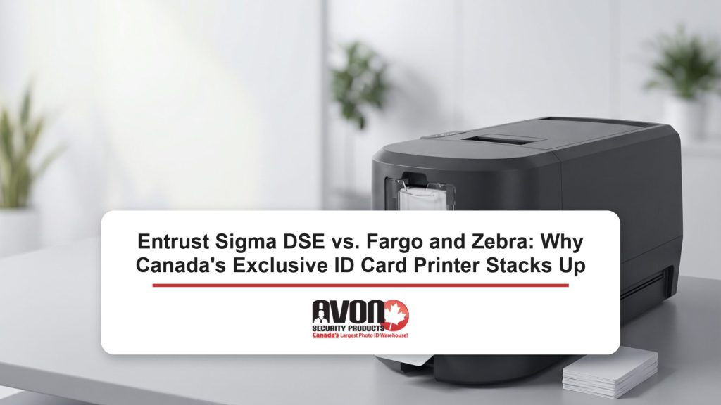 Entrust Datacard printer in a Canadian office issuance area with blank cards and a ribbon, above Canada's exclusive Entrust Datacard printer model DSE.